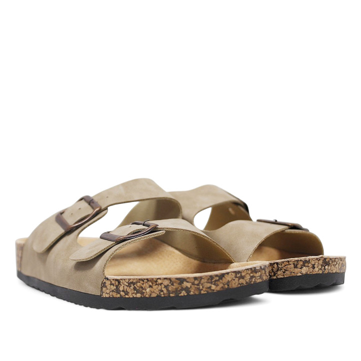 Sandalias taupe estilo bio con doble hebilla y suela efecto corcho - Querol online