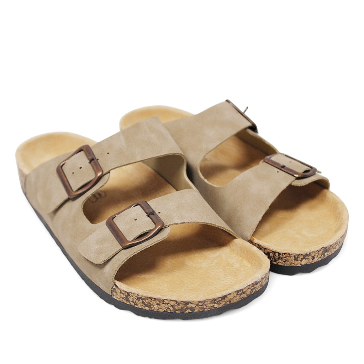 Sandalias taupe estilo bio con doble hebilla y suela efecto corcho - Querol online