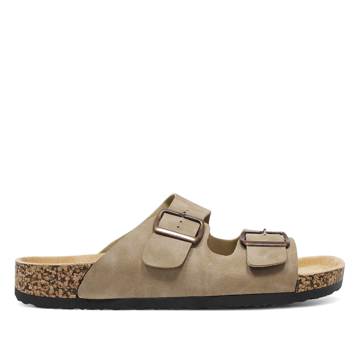 Sandalias taupe estilo bio con doble hebilla y suela efecto corcho - Querol online