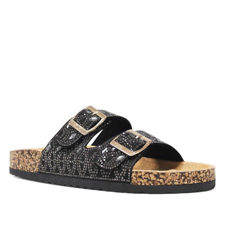 Sandalias planas negras estilo bio con detalles brillantes efecto espejo - Querol online