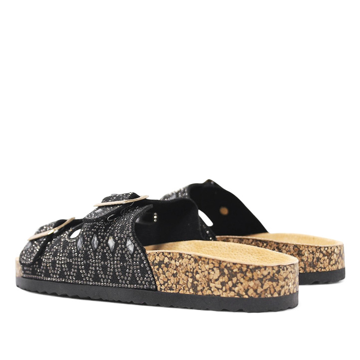Sandalias planas negras estilo bio con detalles brillantes efecto espejo - Querol online