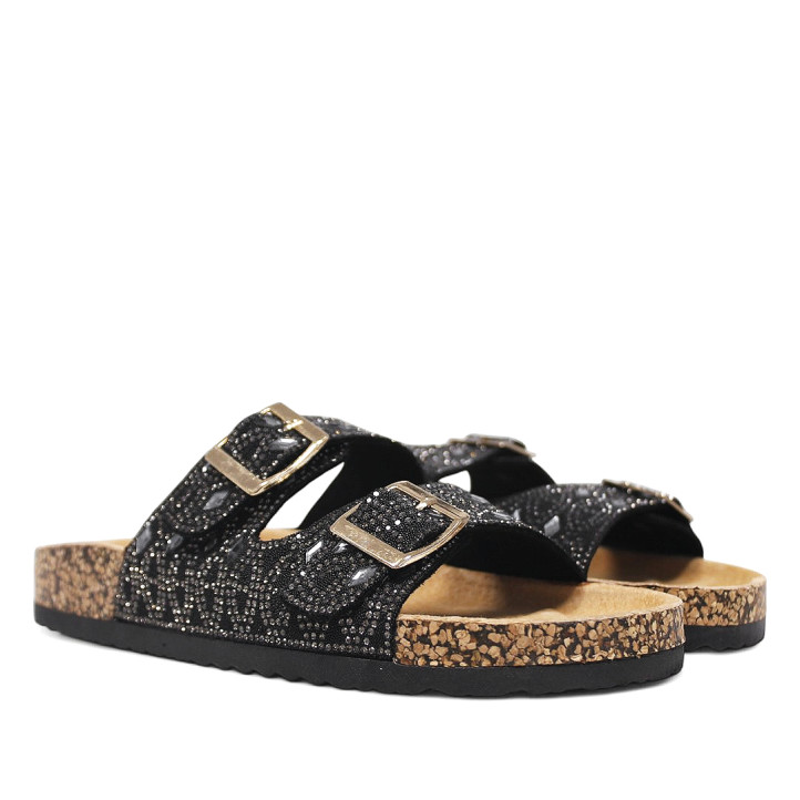 Sandalias planas negras estilo bio con detalles brillantes efecto espejo - Querol online