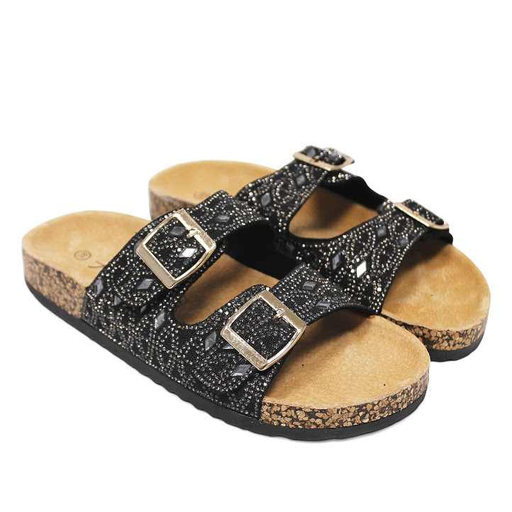 Sandalias planas negras estilo bio con detalles brillantes efecto espejo - Querol online