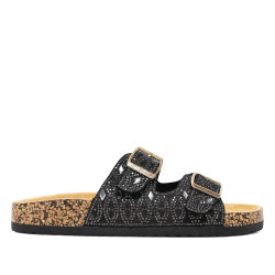 Sandalias planas negras estilo bio con detalles brillantes efecto espejo - Querol online