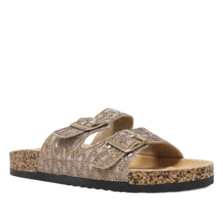 Sandalias planas taupe estilo bio con detalles brillantes efecto espejo - Querol online