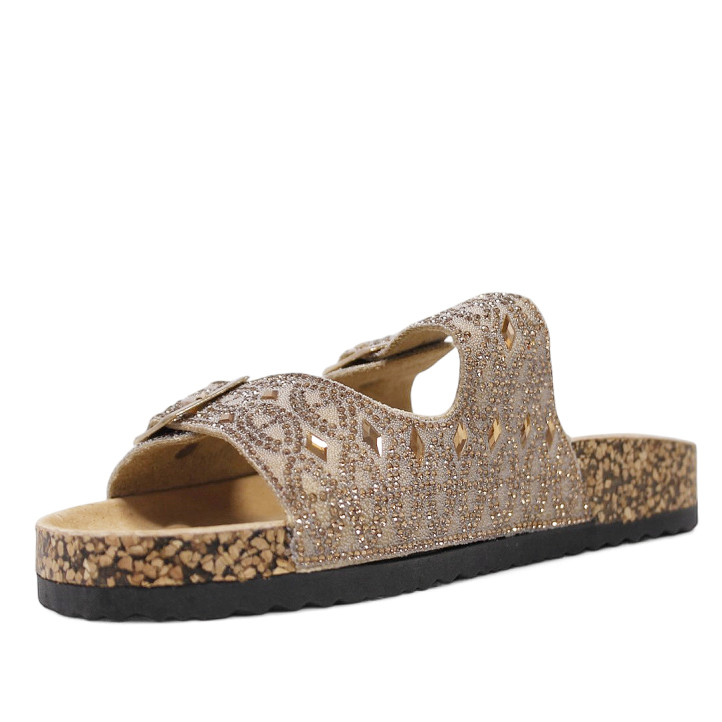 Sandalias planas taupe estilo bio con detalles brillantes efecto espejo - Querol online