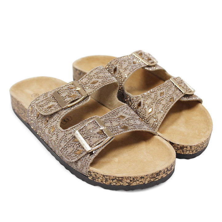 Sandalias planas taupe estilo bio con detalles brillantes efecto espejo - Querol online