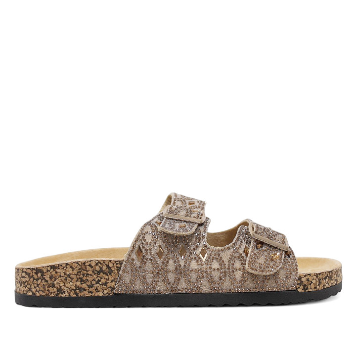 Sandalias planas taupe estilo bio con detalles brillantes efecto espejo - Querol online