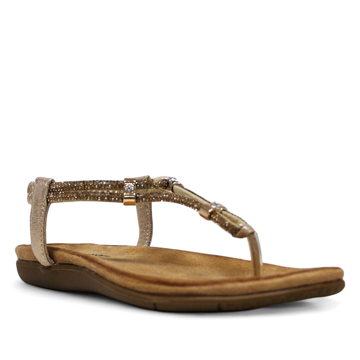Sandalias planas doradas con anillos brillantes y elástico en el tobillo - Querol online