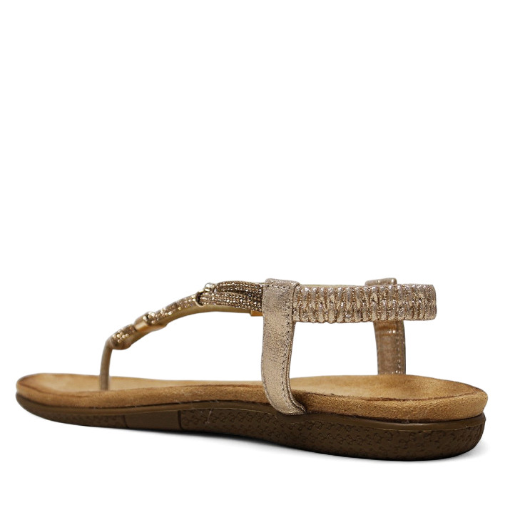 Sandalias planas doradas con anillos brillantes y elástico en el tobillo - Querol online