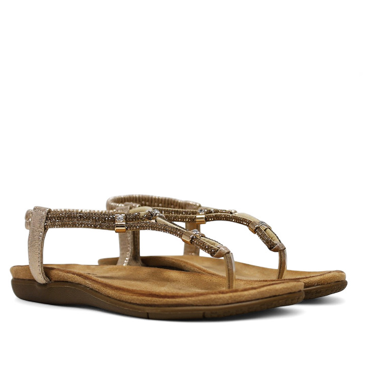 Sandalias planas doradas con anillos brillantes y elástico en el tobillo - Querol online