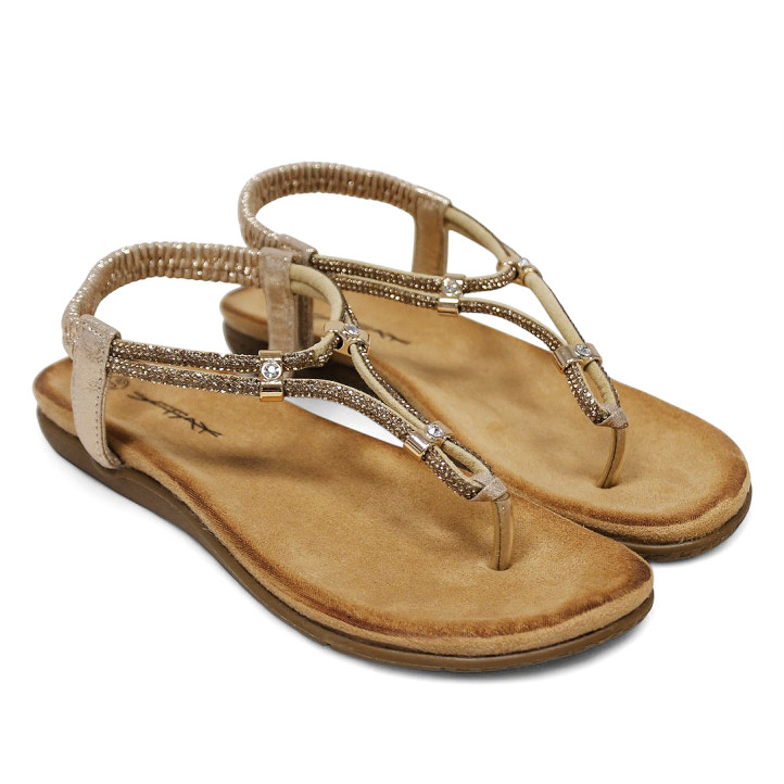 Sandalias planas doradas con anillos brillantes y elástico en el tobillo - Querol online
