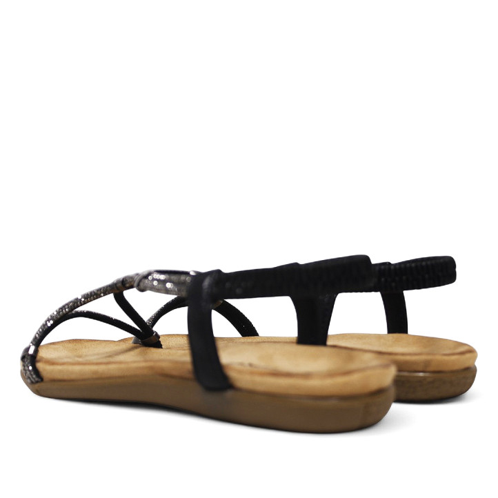 Sandàlies planes negres amb tires creuades amb brillants al peu - Querol online