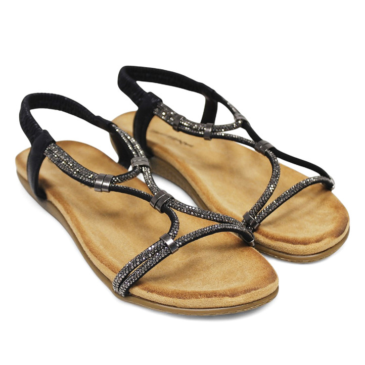 Sandalias planas negras con tiras cuzadas con brillantes en el empeine - Querol online