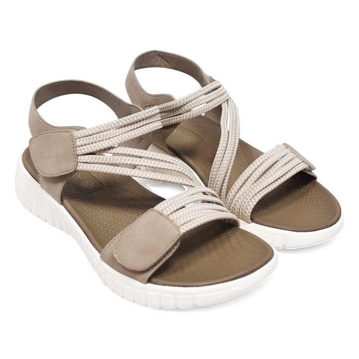 Sandalias planas beige con tiras elásticas y cierre con velcro de estilo deportivo - Querol online