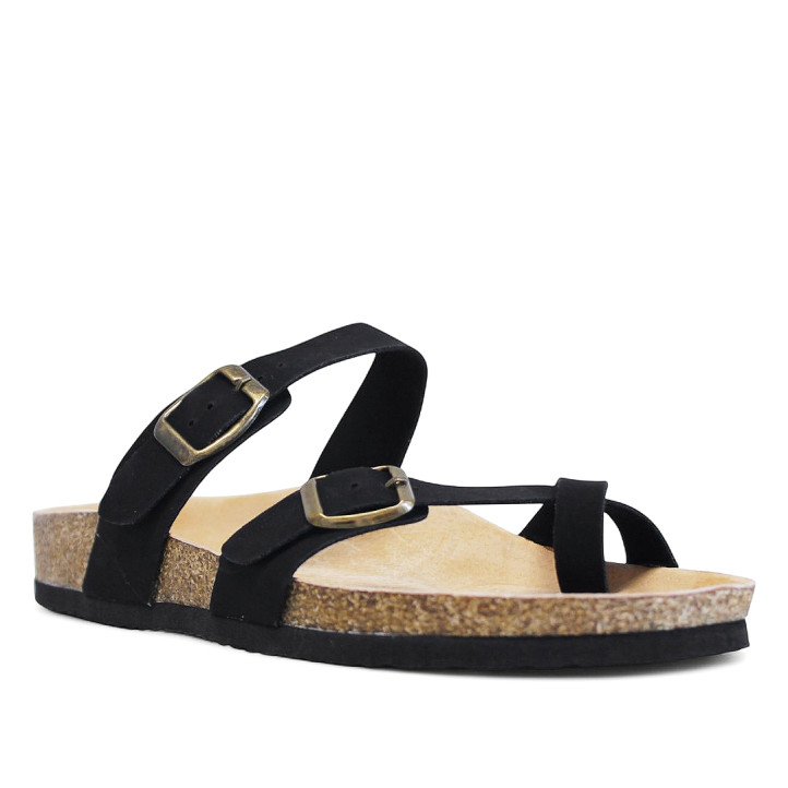 Sandalias planas negras estilo bio con tira cruzada en el dedo y doble cierre con hebilla - Querol online
