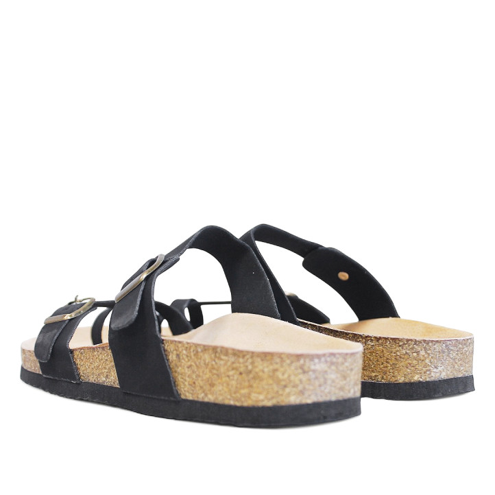 Sandalias planas negras estilo bio con tira cruzada en el dedo y doble cierre con hebilla - Querol online