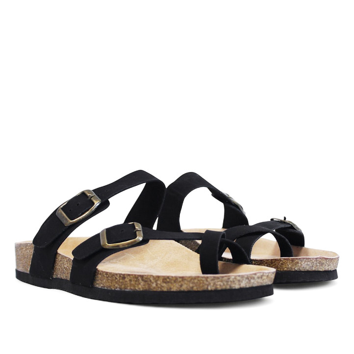 Sandalias planas negras estilo bio con tira cruzada en el dedo y doble cierre con hebilla - Querol online