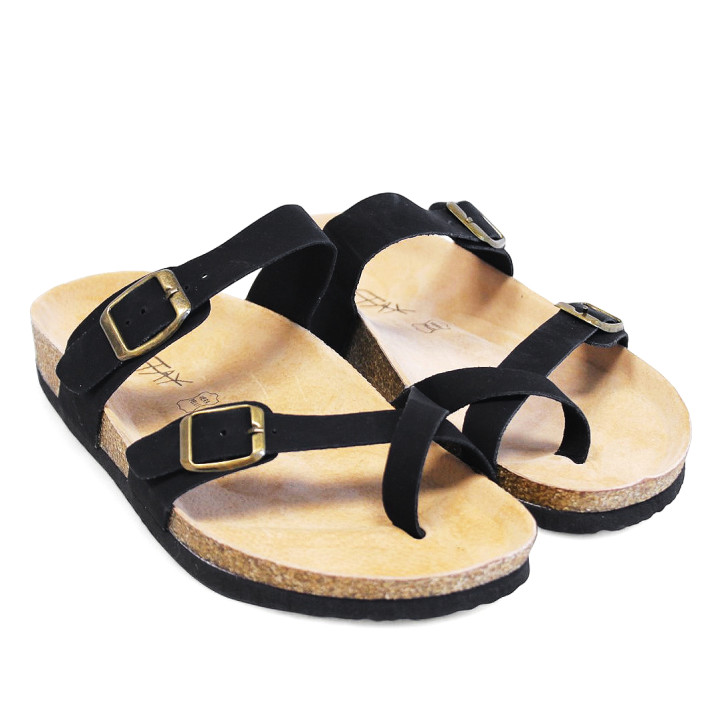 Sandalias planas negras estilo bio con tira cruzada en el dedo y doble cierre con hebilla - Querol online
