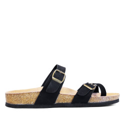 Sandalias planas negras estilo bio con tira cruzada en el dedo y doble cierre con hebilla - Querol online