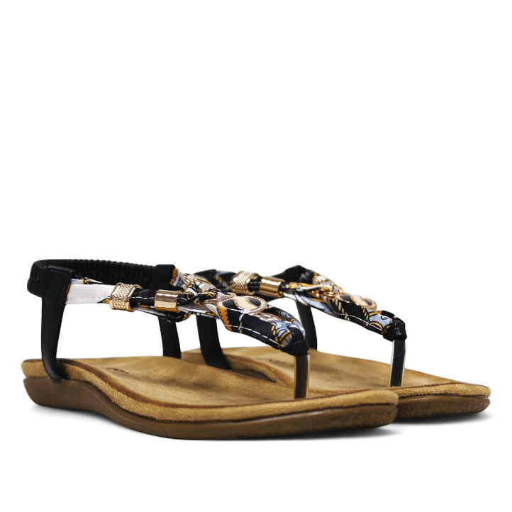 Sandalias planas negras con pañuelo trenzado y detalles brillantes - Querol online