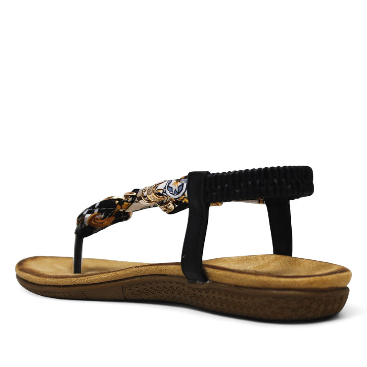 Sandalias planas negras con pañuelo trenzado y detalles brillantes - Querol online