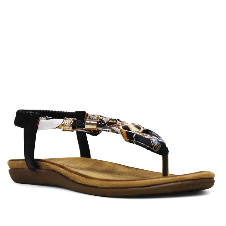 Sandalias planas negras con pañuelo trenzado y detalles brillantes - Querol online
