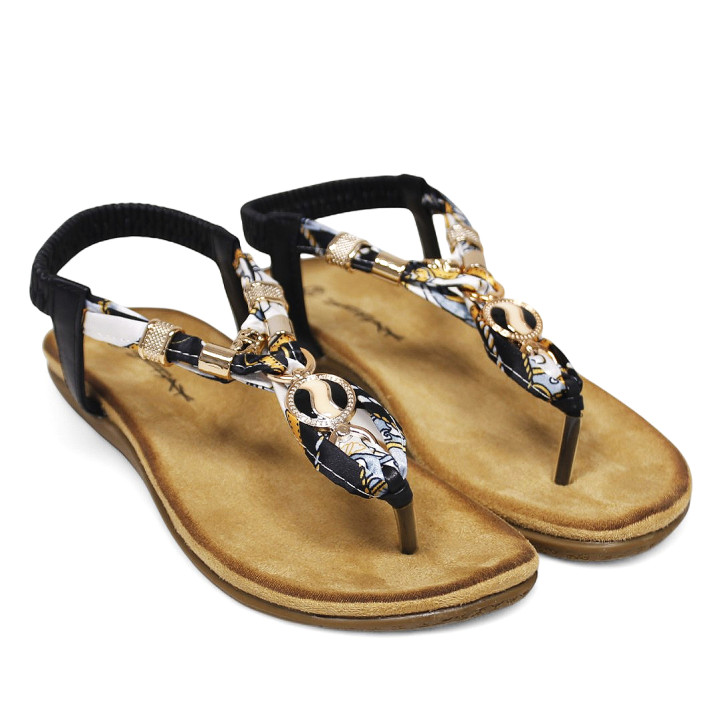 Sandalias planas negras con pañuelo trenzado y detalles brillantes - Querol online