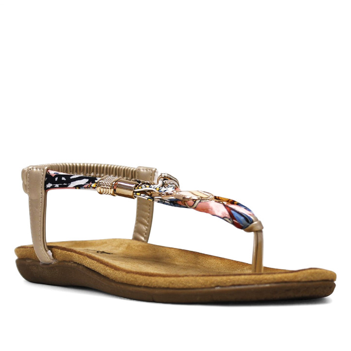 Sandalias planas doradas con pañuelo trenzado y detalles brillantes - Querol online