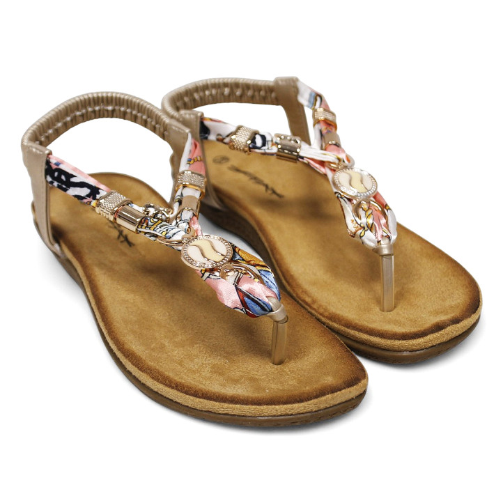 Sandalias planas doradas con pañuelo trenzado y detalles brillantes - Querol online
