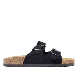 Sandalias planas Querol negras con dos hebillas ajustables y suela de corcho - Querol online