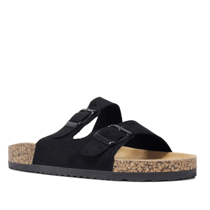 Sandalias planas Querol negras con dos hebillas ajustables y suela de corcho - Querol online