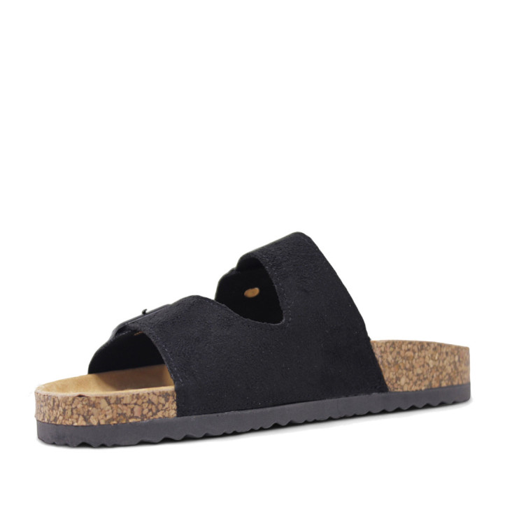 Sandalias planas Querol negras con dos hebillas ajustables y suela de corcho - Querol online
