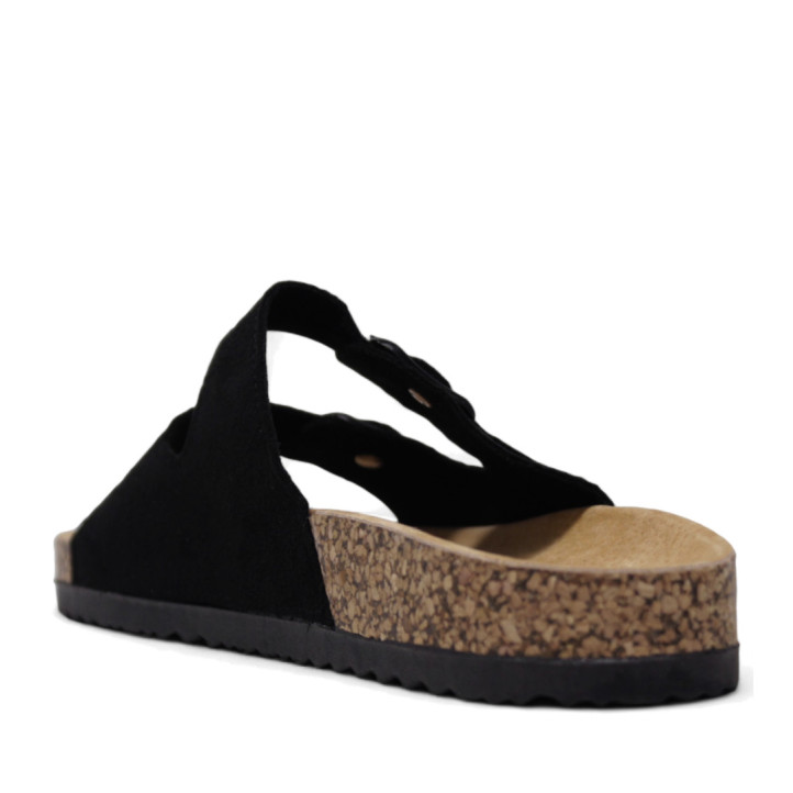 Sandalias planas Querol negras con dos hebillas ajustables y suela de corcho - Querol online