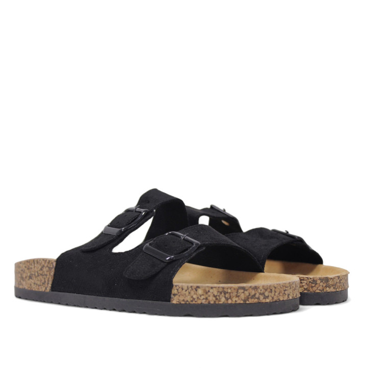 Sandalias planas Querol negras con dos hebillas ajustables y suela de corcho - Querol online