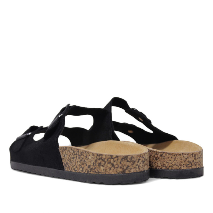 Sandalias planas Querol negras con dos hebillas ajustables y suela de corcho - Querol online