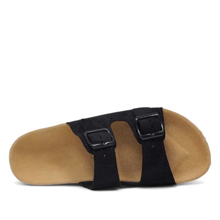 Sandalias planas Querol negras con dos hebillas ajustables y suela de corcho - Querol online