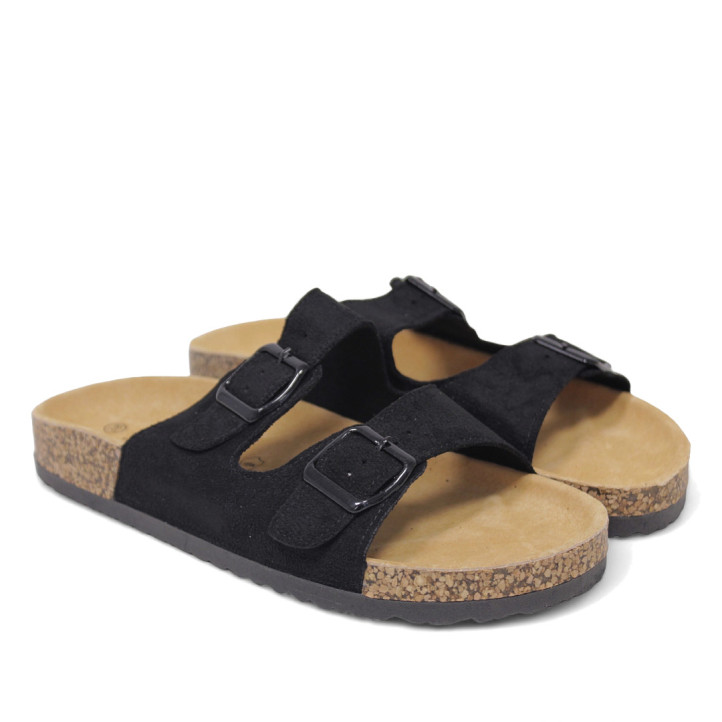 Sandalias planas Querol negras con dos hebillas ajustables y suela de corcho - Querol online