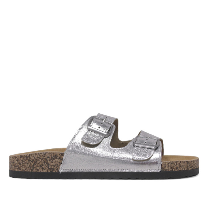 Sandalias planas Querol plateadas con dos hebillas ajustables y suela de corcho - Querol online