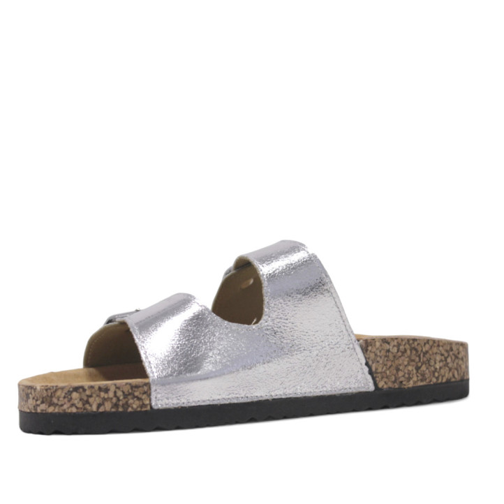 Sandalias planas Querol plateadas con dos hebillas ajustables y suela de corcho - Querol online