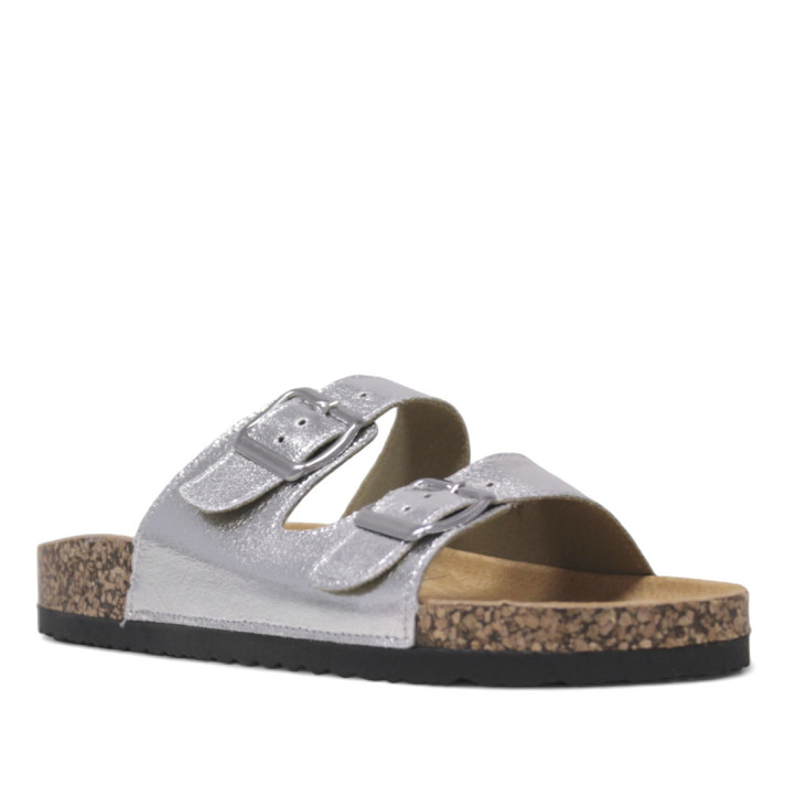 Sandalias planas Querol plateadas con dos hebillas ajustables y suela de corcho - Querol online