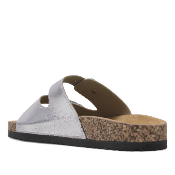 Sandalias planas Querol plateadas con dos hebillas ajustables y suela de corcho - Querol online