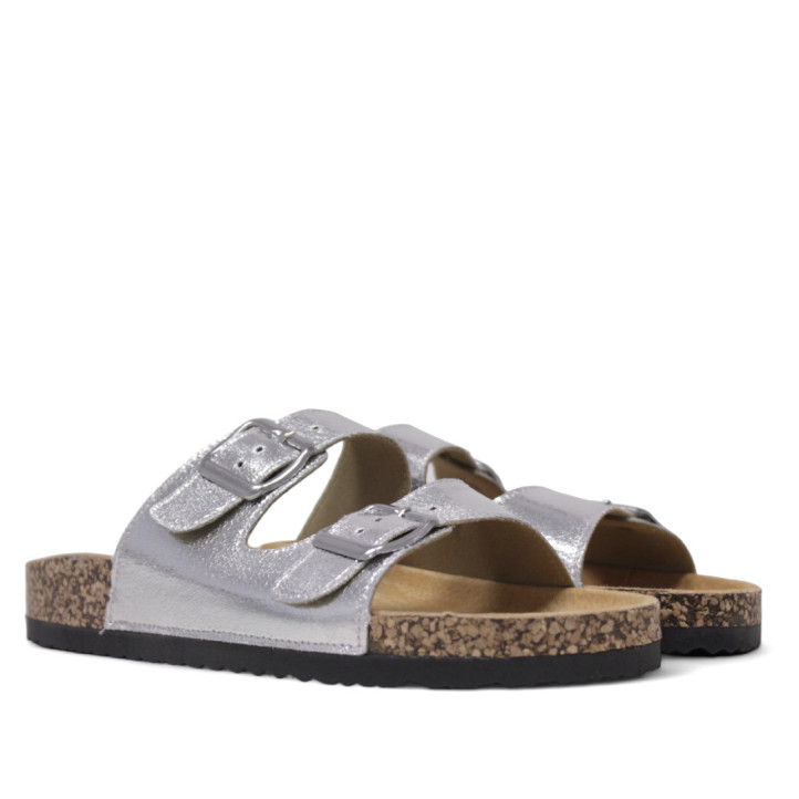 Sandalias planas Querol plateadas con dos hebillas ajustables y suela de corcho - Querol online