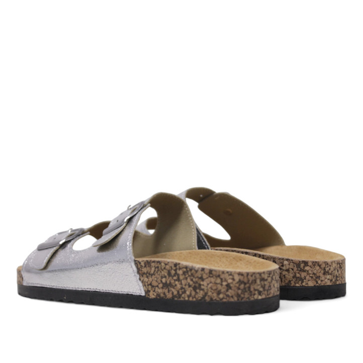Sandalias planas Querol plateadas con dos hebillas ajustables y suela de corcho - Querol online