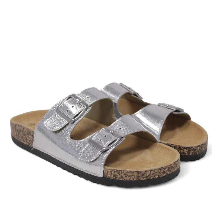 Sandalias planas Querol plateadas con dos hebillas ajustables y suela de corcho - Querol online