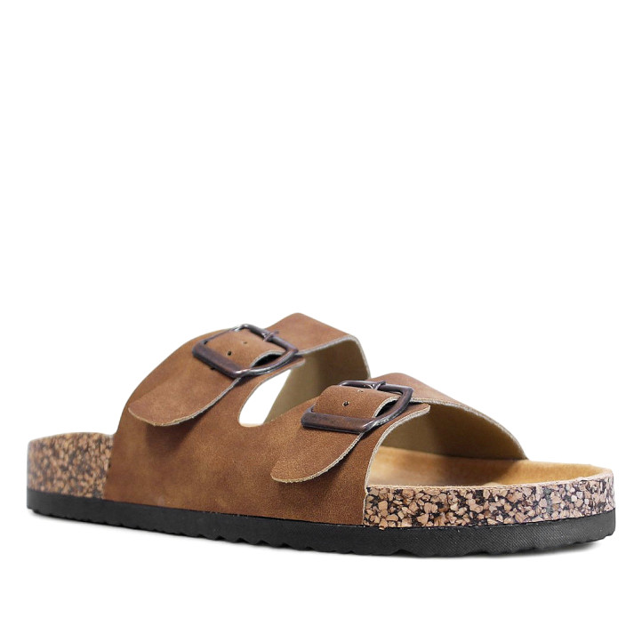 Sandalias planas marrones estilo bio con doble hebilla plateada y suela efecto corcho - Querol online