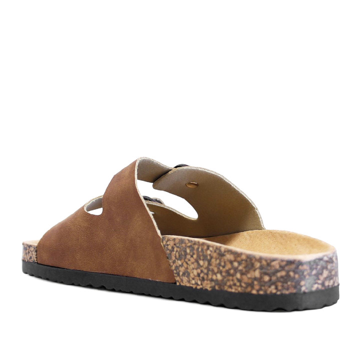 Sandalias planas marrones estilo bio con doble hebilla plateada y suela efecto corcho - Querol online