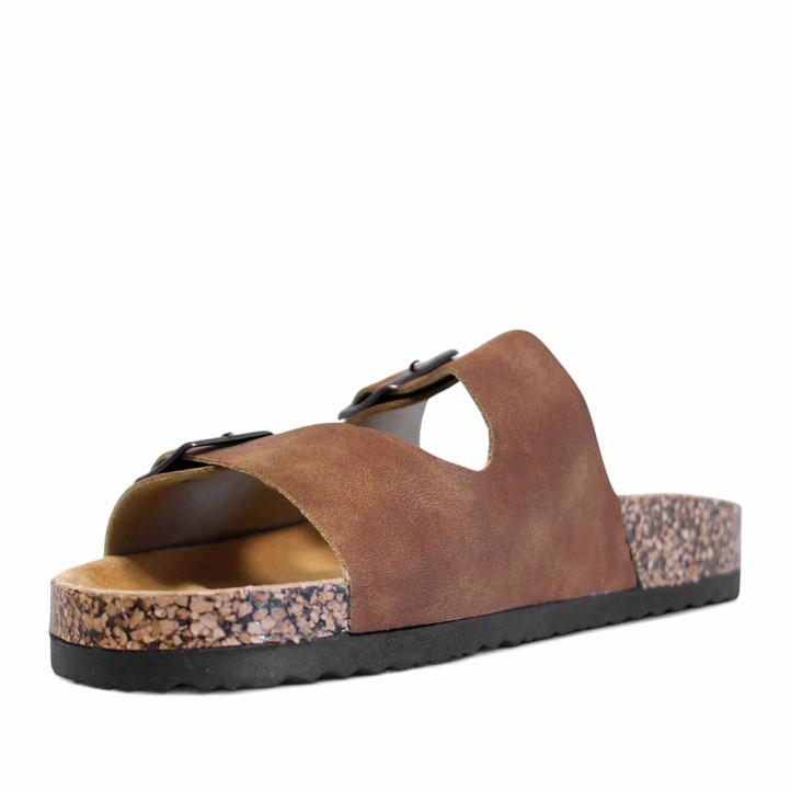 Sandalias planas marrones estilo bio con doble hebilla plateada y suela efecto corcho - Querol online