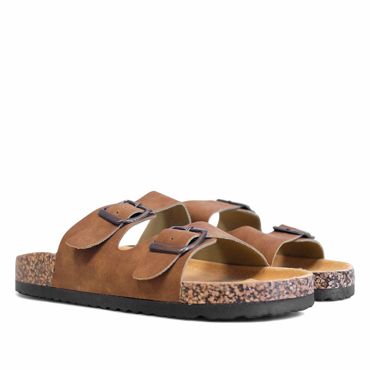 Sandalias planas marrones estilo bio con doble hebilla plateada y suela efecto corcho - Querol online