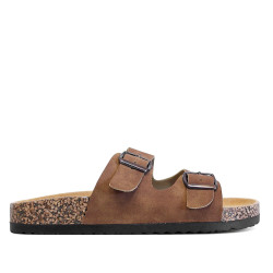 Sandalias planas marrones estilo bio con doble hebilla plateada y suela efecto corcho - Querol online